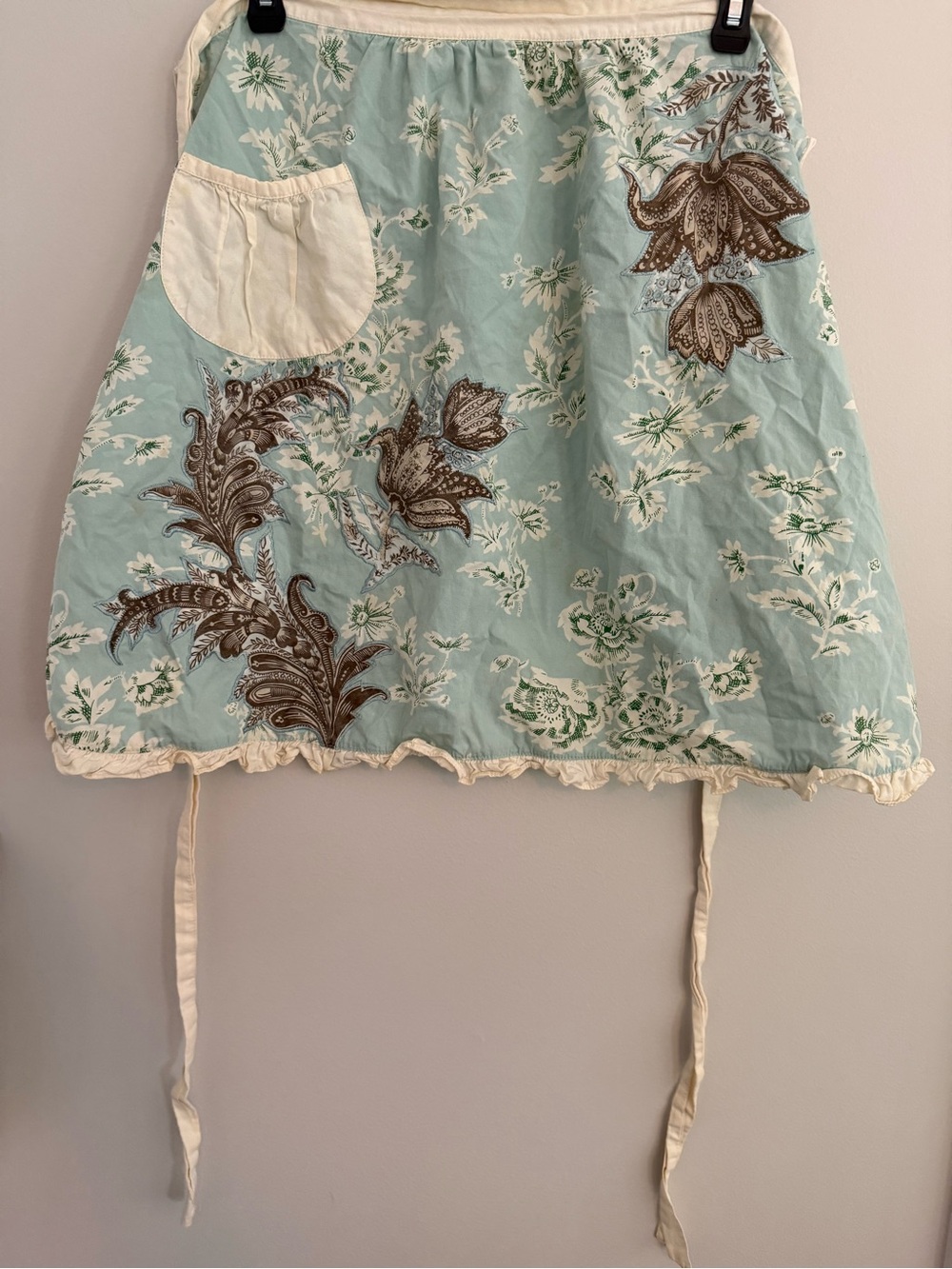 Aqua Floral Casual Half Apron with Cream Accents